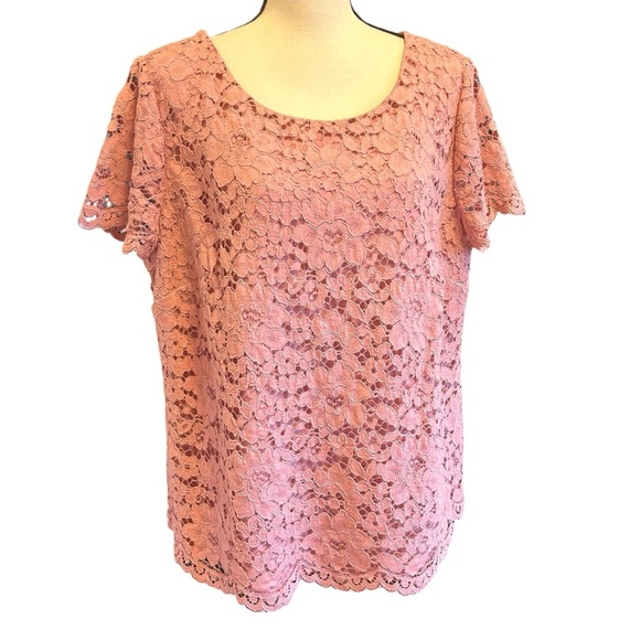 Talbots Top Dusty Rose Lace Blouse Short Sleeve Lined Scallop Hem Plus size 18W - Picture 1 of 15
